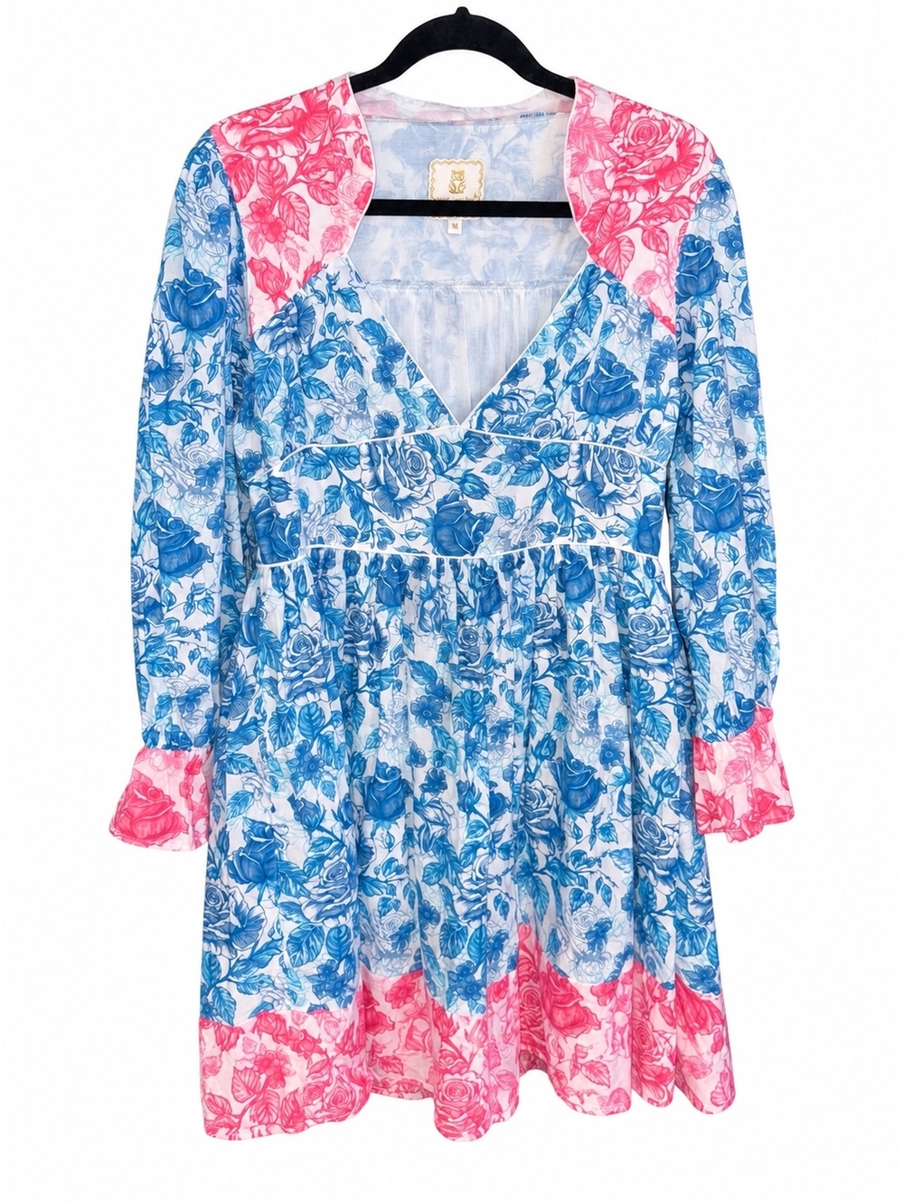 Simply Southern Blue Pink Floral V-Neck Long Sleeve Dress Size Medium
